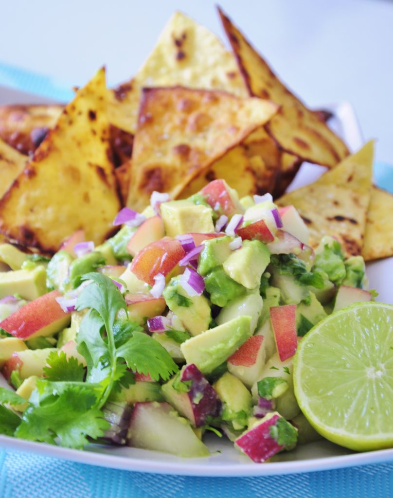 Avocado Peach Salsa Recipe with Coconut Oil Chips - Vegan Family Recipes