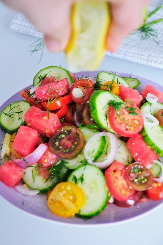 Lemon juice Watermelon Tomato Salad - Vegan Family Recipes