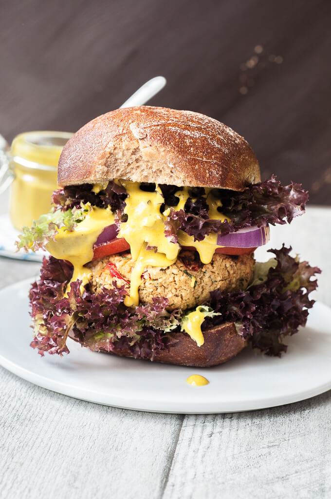 Healthy Couscous Burger Recipe with Garlic Coconut Sauce | VeganFamilyRecipes.com | #bbq #vegan #vegetarian