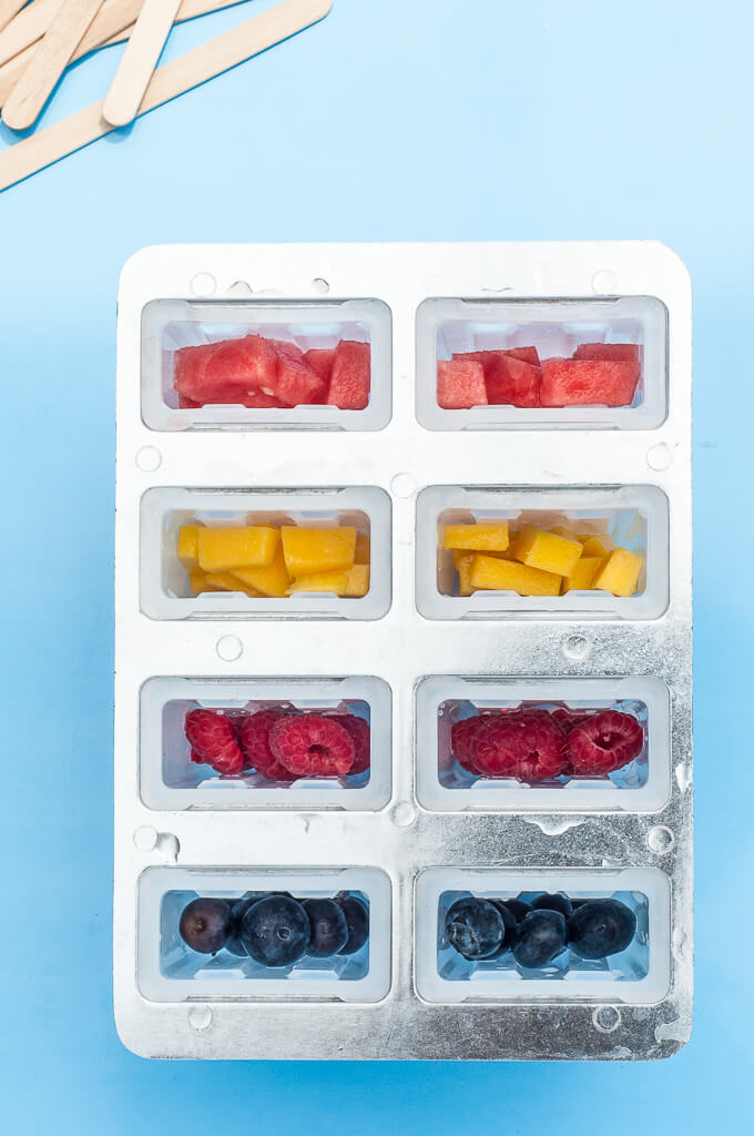 Best Popsicle Mold for Coconut Water Popsicles or Ice Pops with fruit - Mango, Watermelon, Raspberries, and Blueberries - Vegan Family Recipes