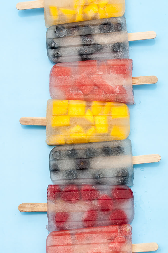 Coconut Water Popsicles or Ice Pops with fruit - Mango, Watermelon, Raspberries, and Blueberries - Vegan Family Recipes