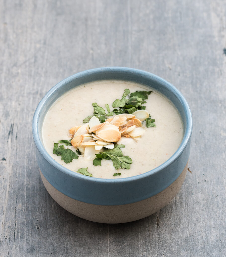 Recipe for Creamy Almond Soup from the cookbook Awesome Vegan Soups by Vanessa Croessmann - Veganfamilyrecipes.com #soup #glutenfree